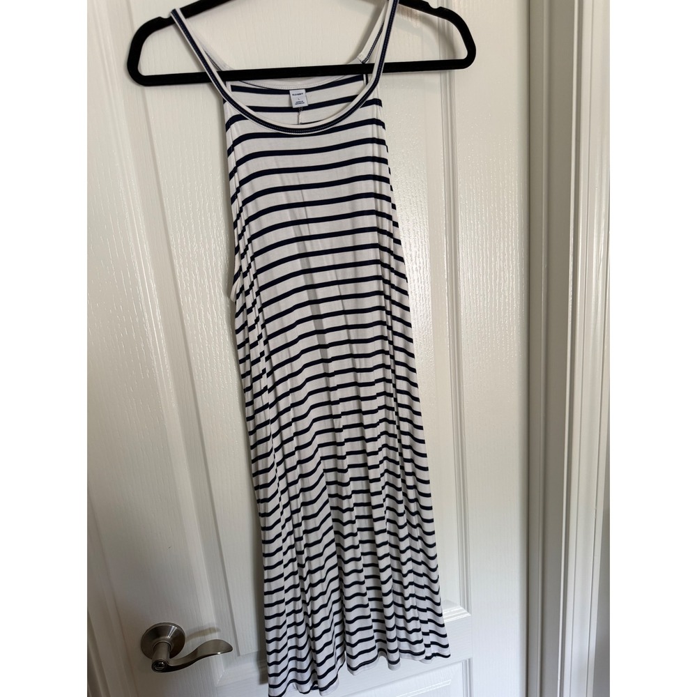 Old Navy White Blue Striped Dress Womens Swing Sleeveless Knit EUC L